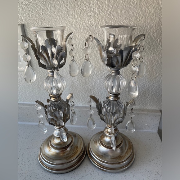 Other - Glam Crystal Candle Holders Set of 2 – 12” Silver & Glass